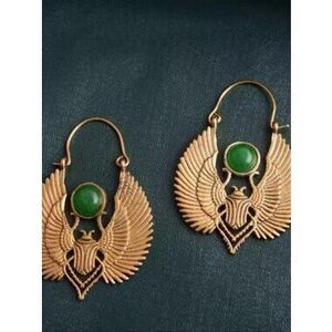 GREEN ONYX BRASS?SCARAB EARRINGS - EGYPTIAN Talisman INSECT JEWELRY